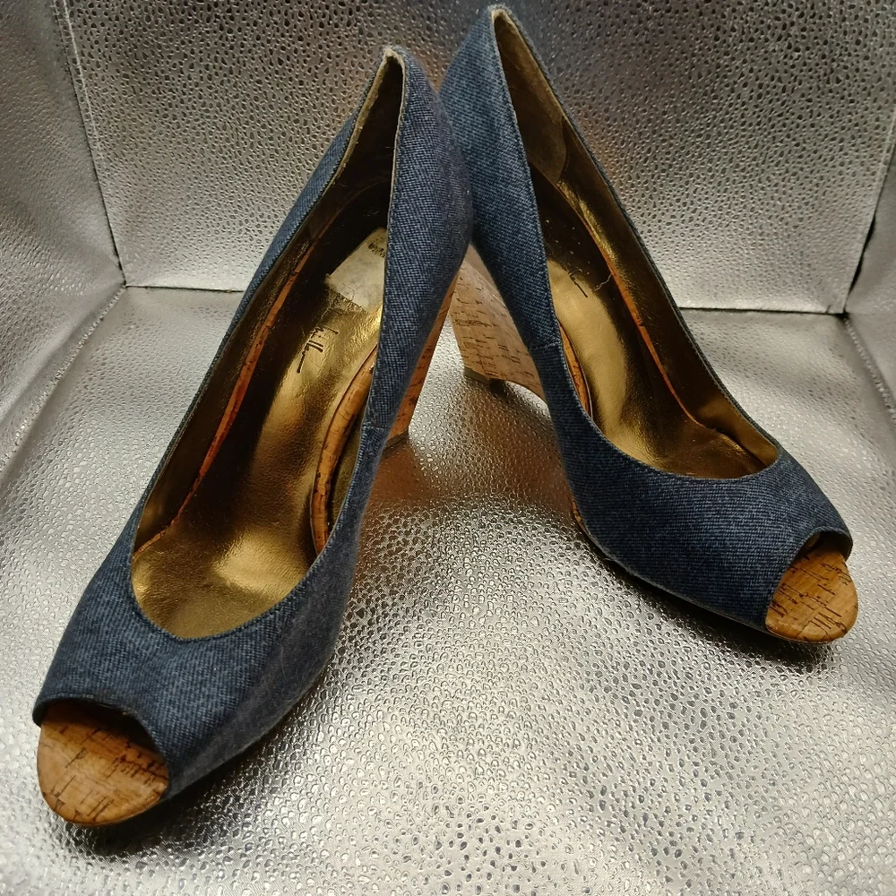 Nicole Miller Blue Denim Peep Toe Wedges Women's Size 10 - Picture 1 of 8